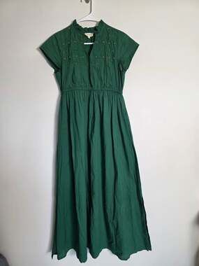 Ex Voto Green Cotton Dress Size XS Smocked Beaded Midi